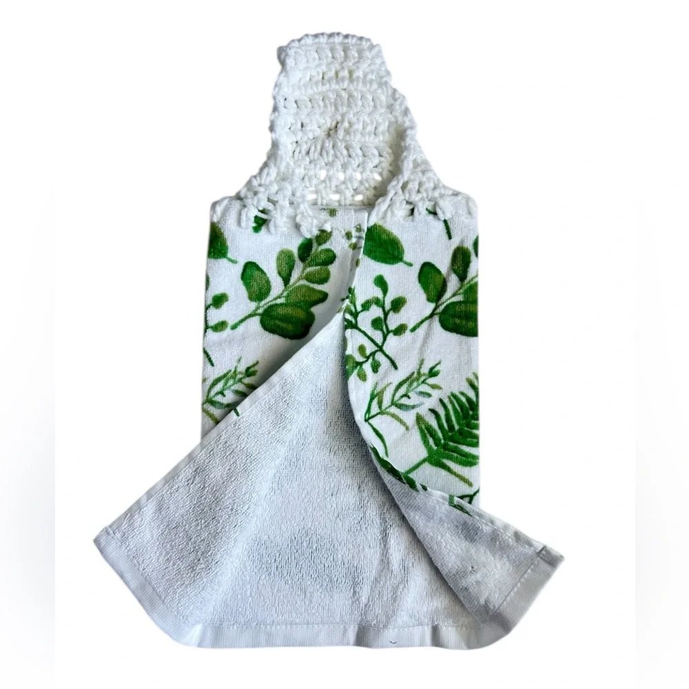 Hand Crafted Colorful Green Leaf Print Kitchen Hanging Hand Towel